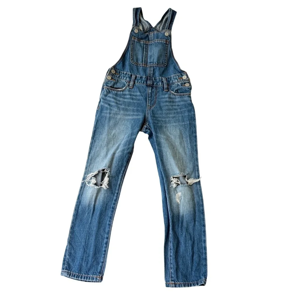 Old Navy Girls Distressed Denim Overalls Medium Wash Ripped Knee Size M 8